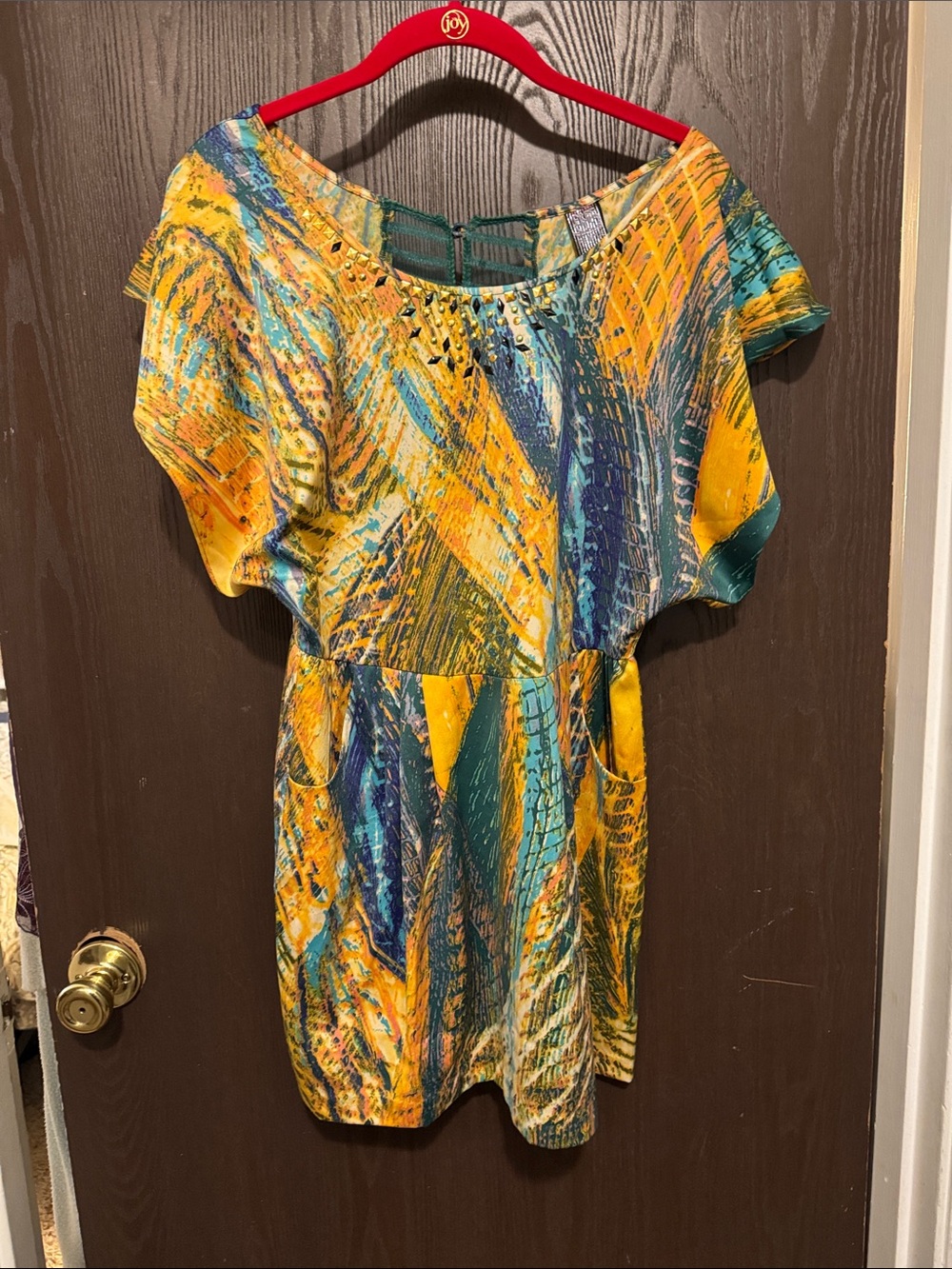 Free People Vibrant Satin Mesh Back Abstract Dress w/ Pockets Yellow Teal Green